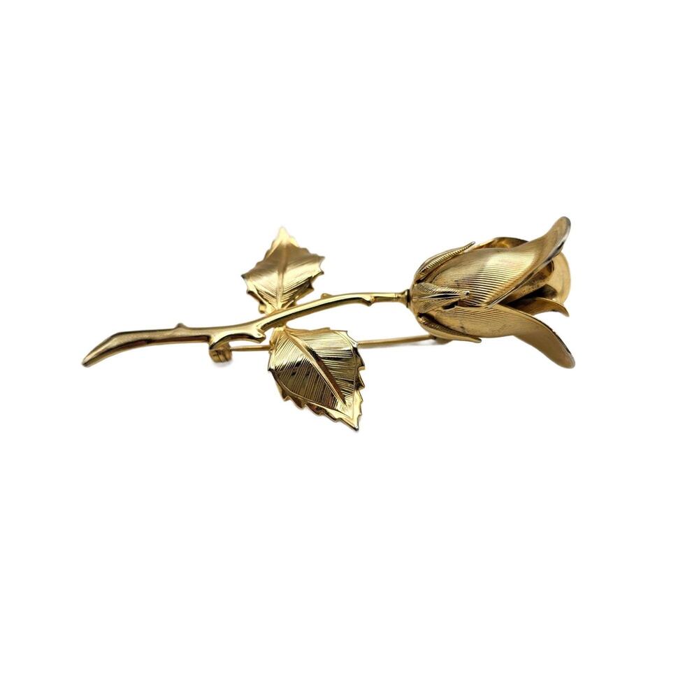 Vintage Gold Plated Thorny Rose Brooch, 3.25" Long - Picture 8 of 11